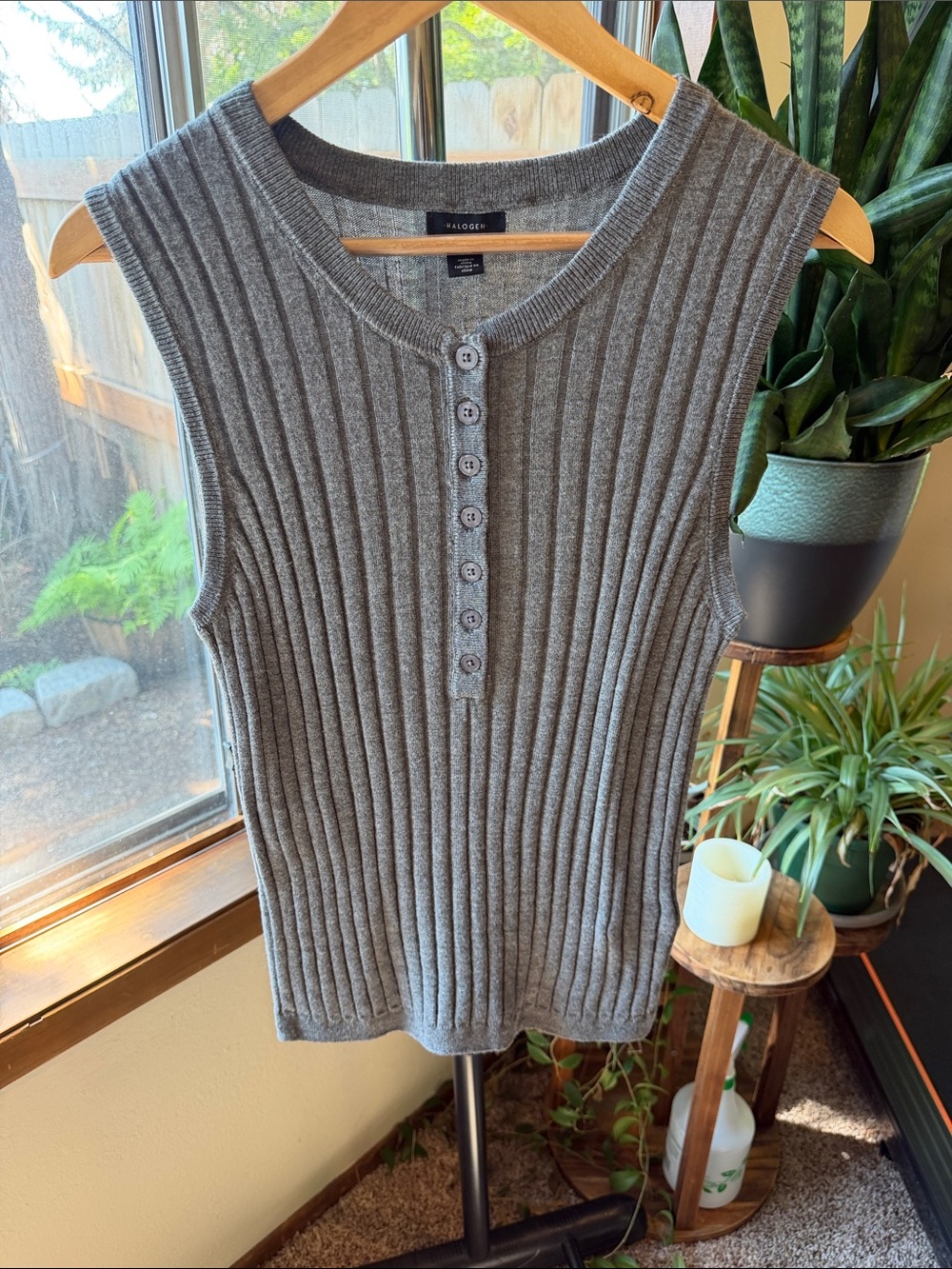 Halogen Gray Ribbed Henley Sleeveless Tank